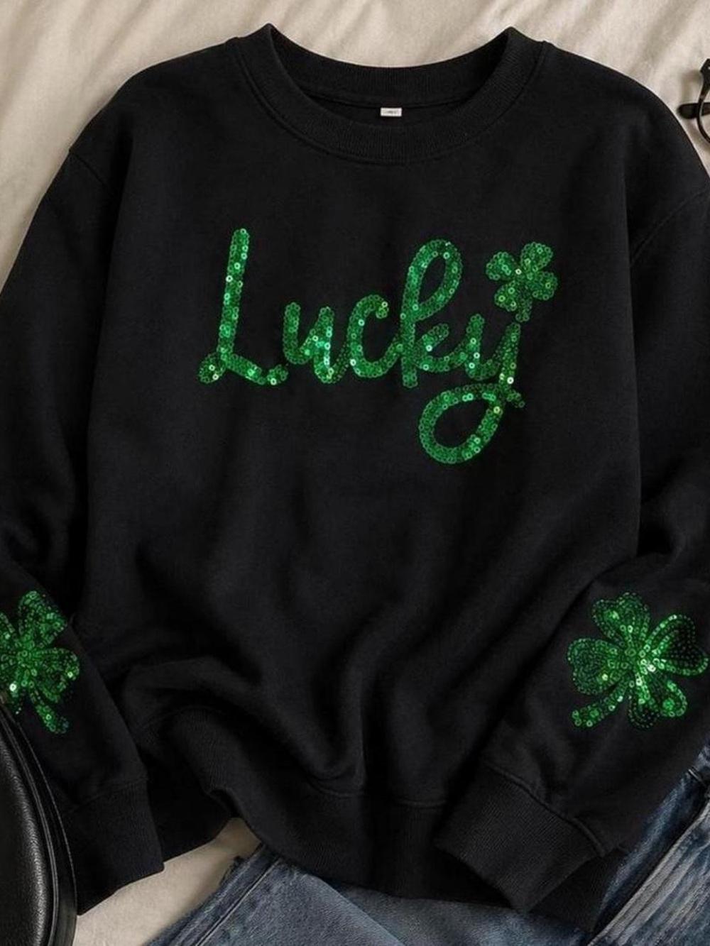 Lucky Sequin Pullover Sweatshirt - Black & Green